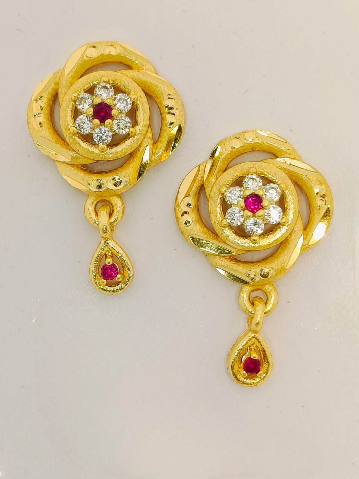 Gold Bloom and Ruby Drop Earrings