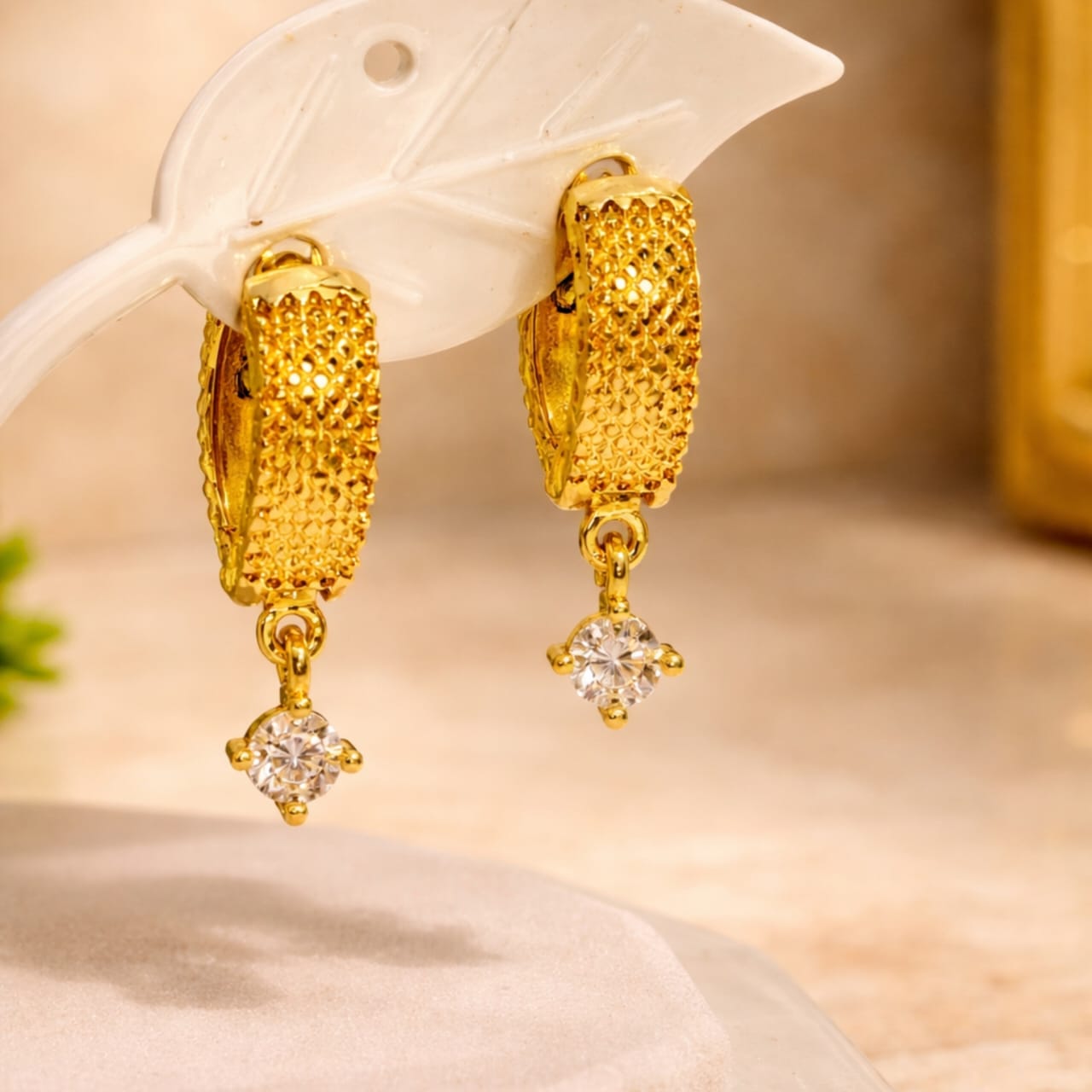 Textured Gold-Plated Hoop with Crystal Dangle