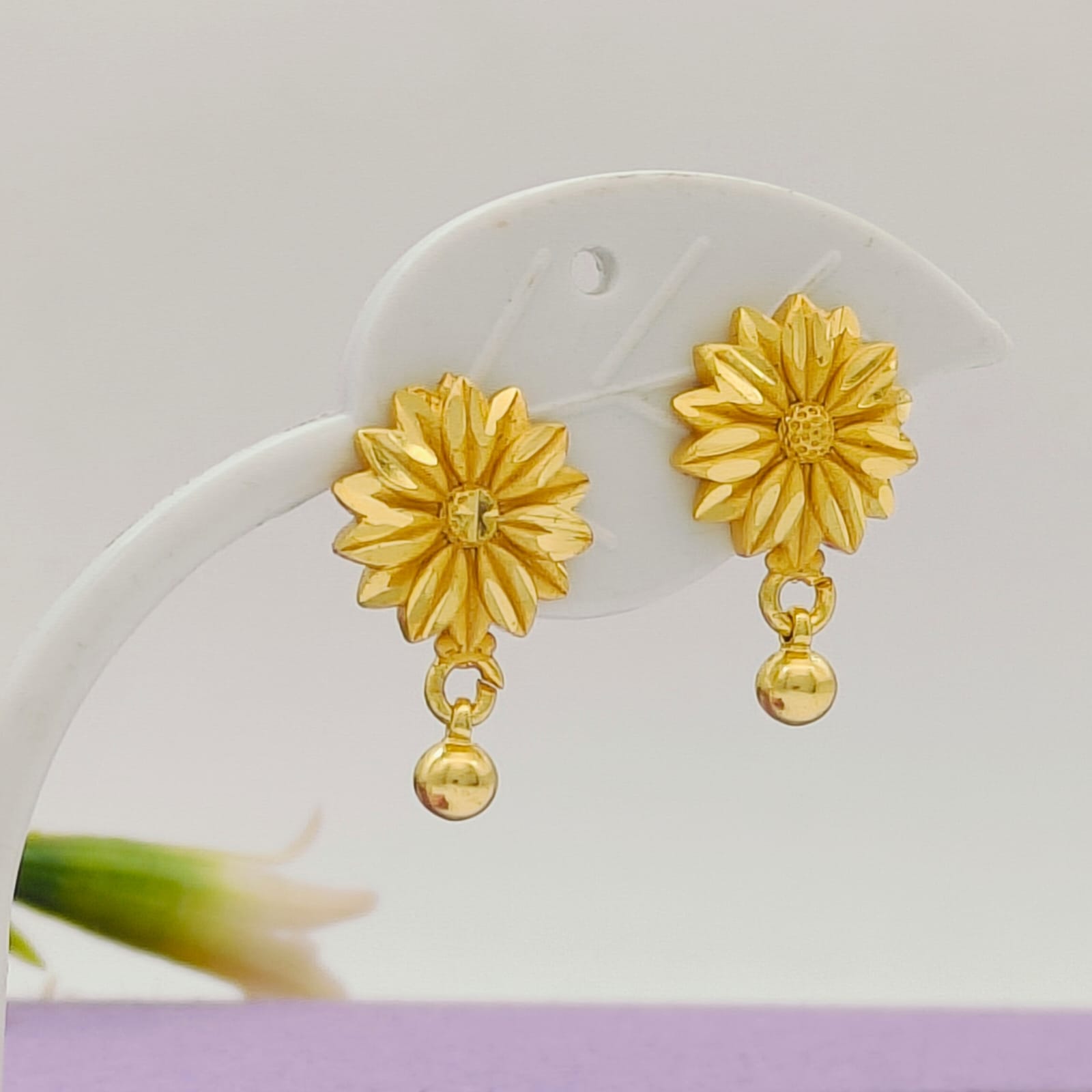 Golden Sunflower Stud Earrings with Ball Dangle