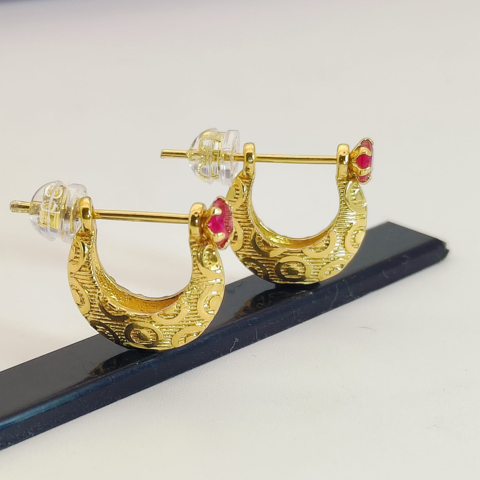 Textured Gold Ruby Stone Crescent Studs