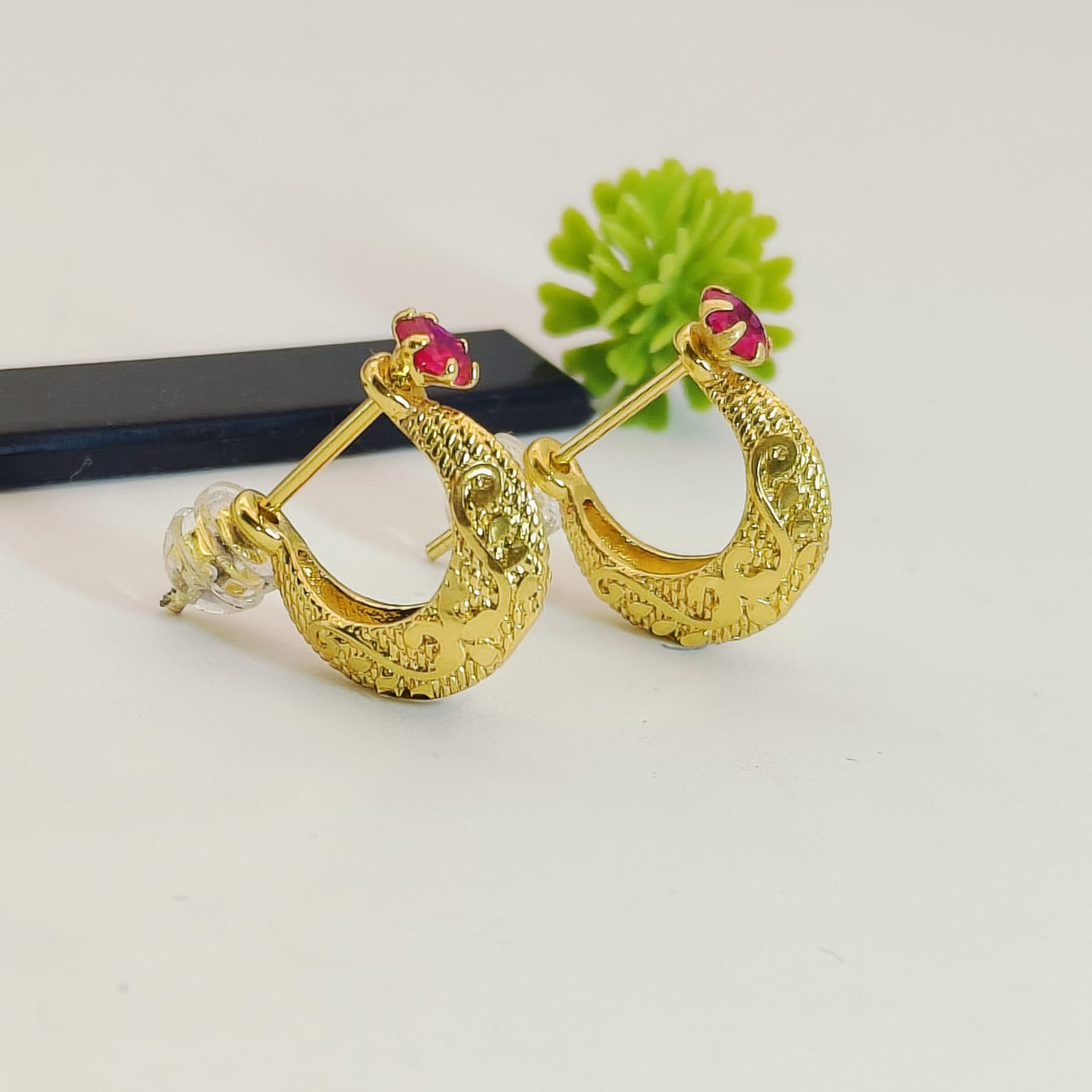 Gold-Plated Studs with Ruby-Red Stones