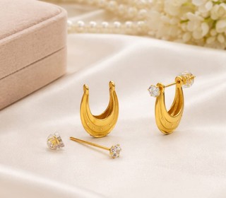 Matte Gold Crystal Crescent Hoop Studs