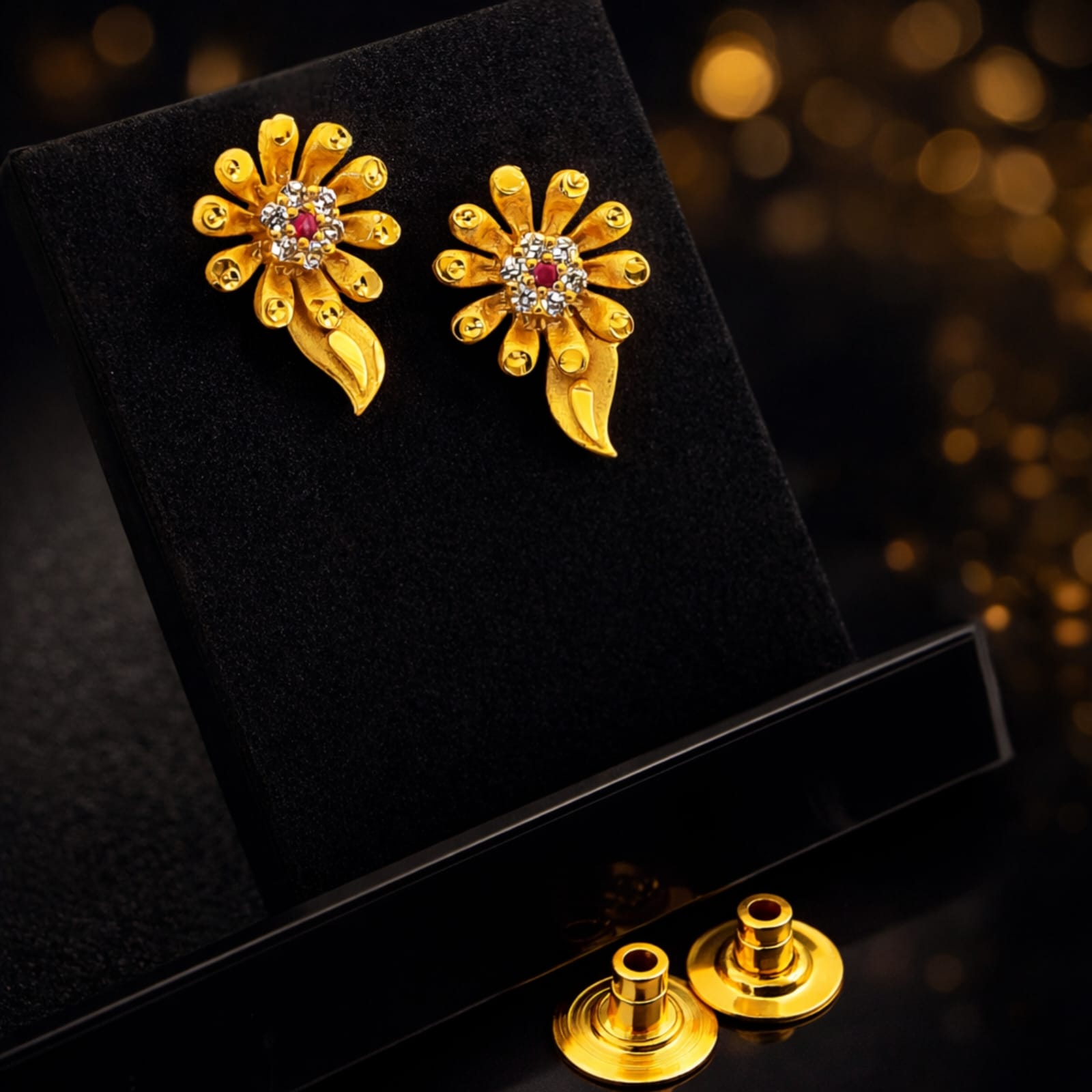 Floral Blossom Ruby Accent Gold Earrings