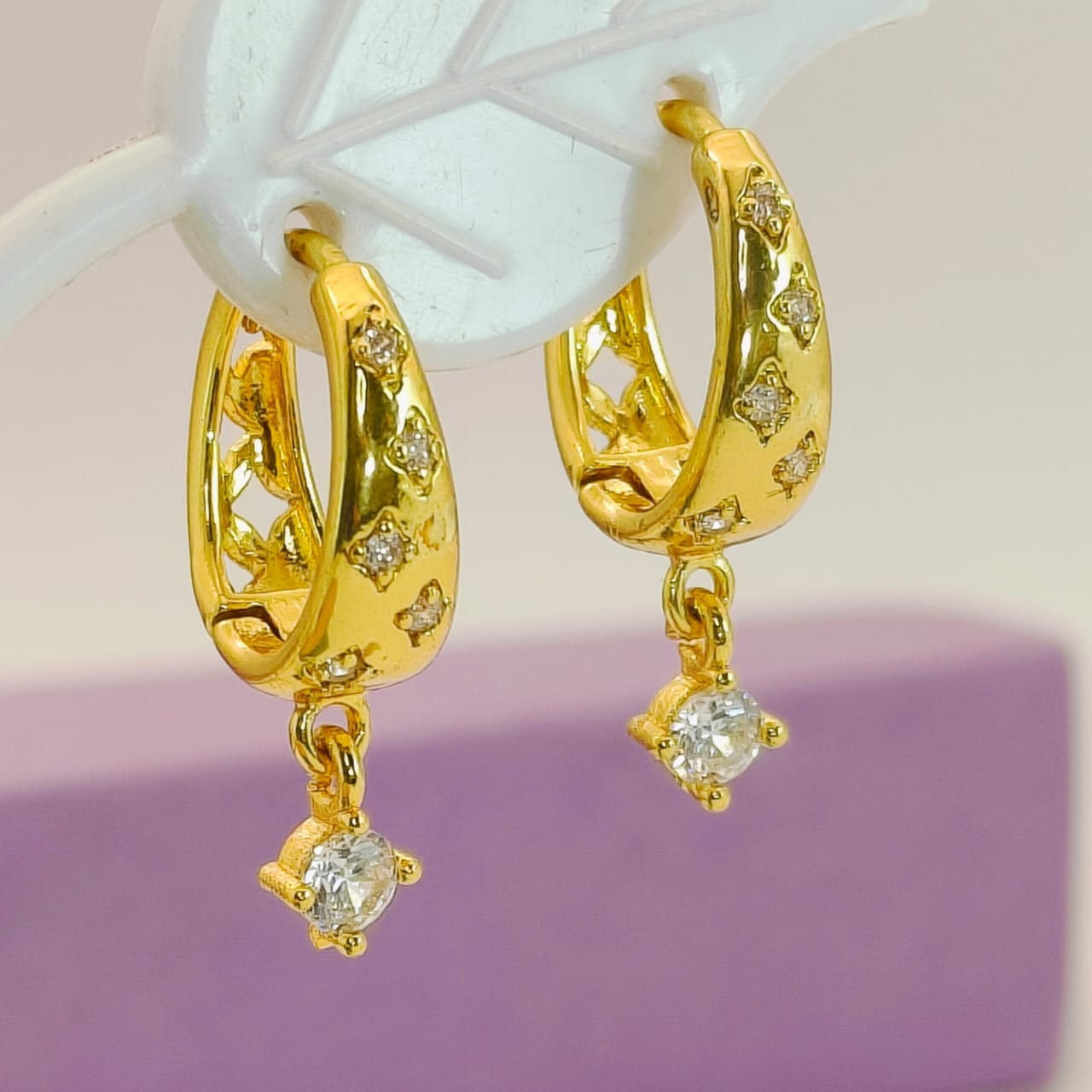 Sparkling Star-Inlay Gold Huggie Drop Earrings