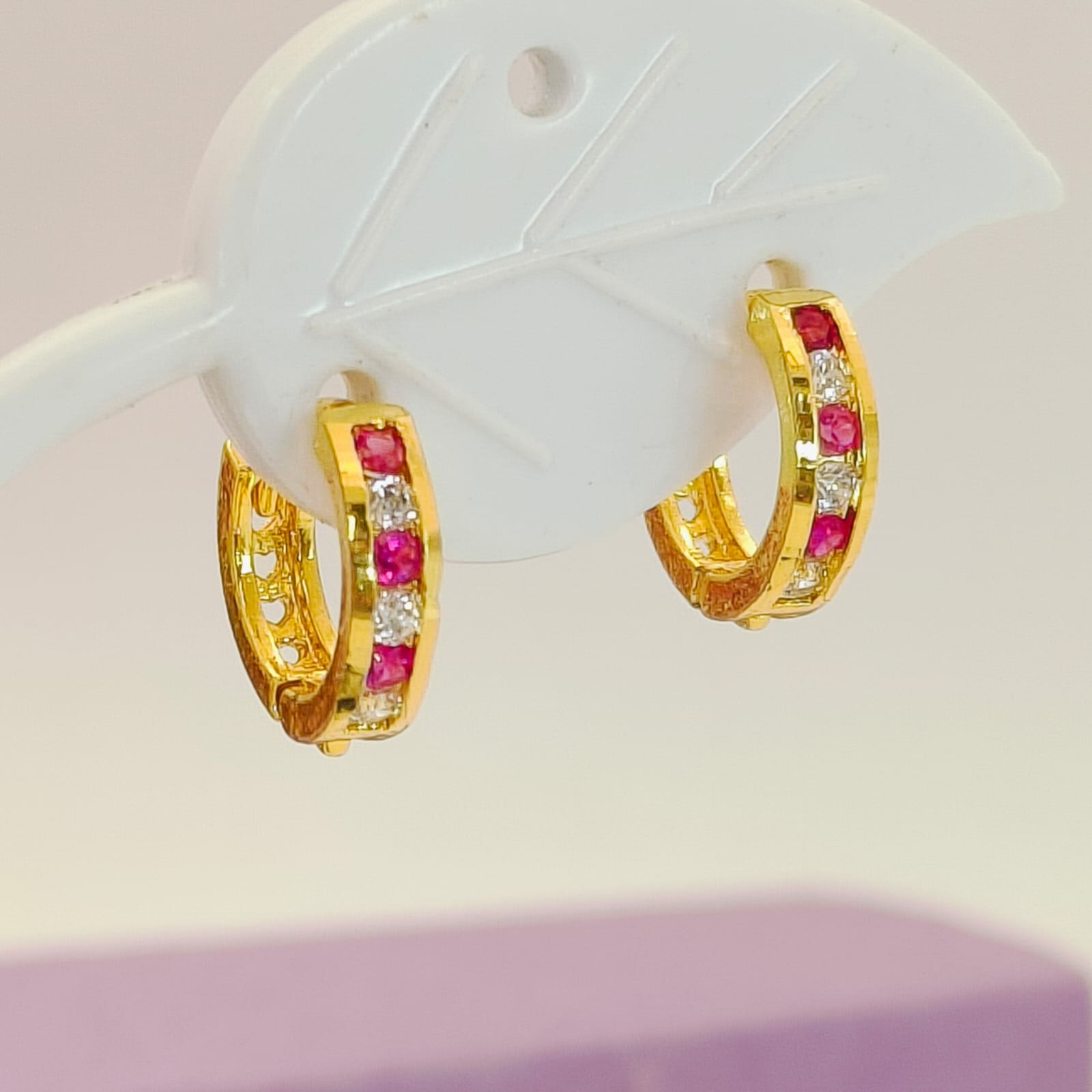 Ruby & Diamond Channel-Set Gold Huggie Earrings