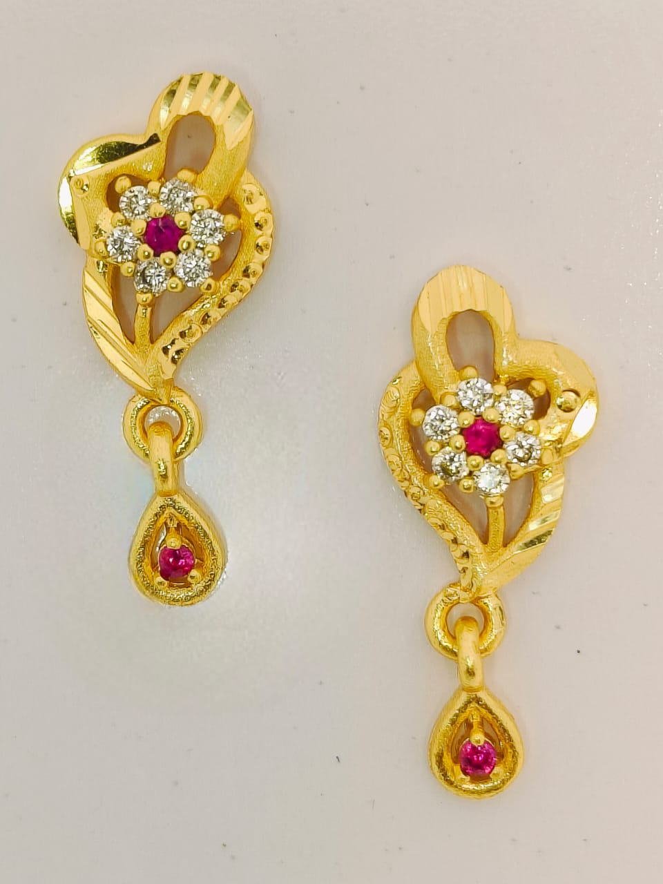 Elegant Gold Teardrop Dangler Earrings With Ruby